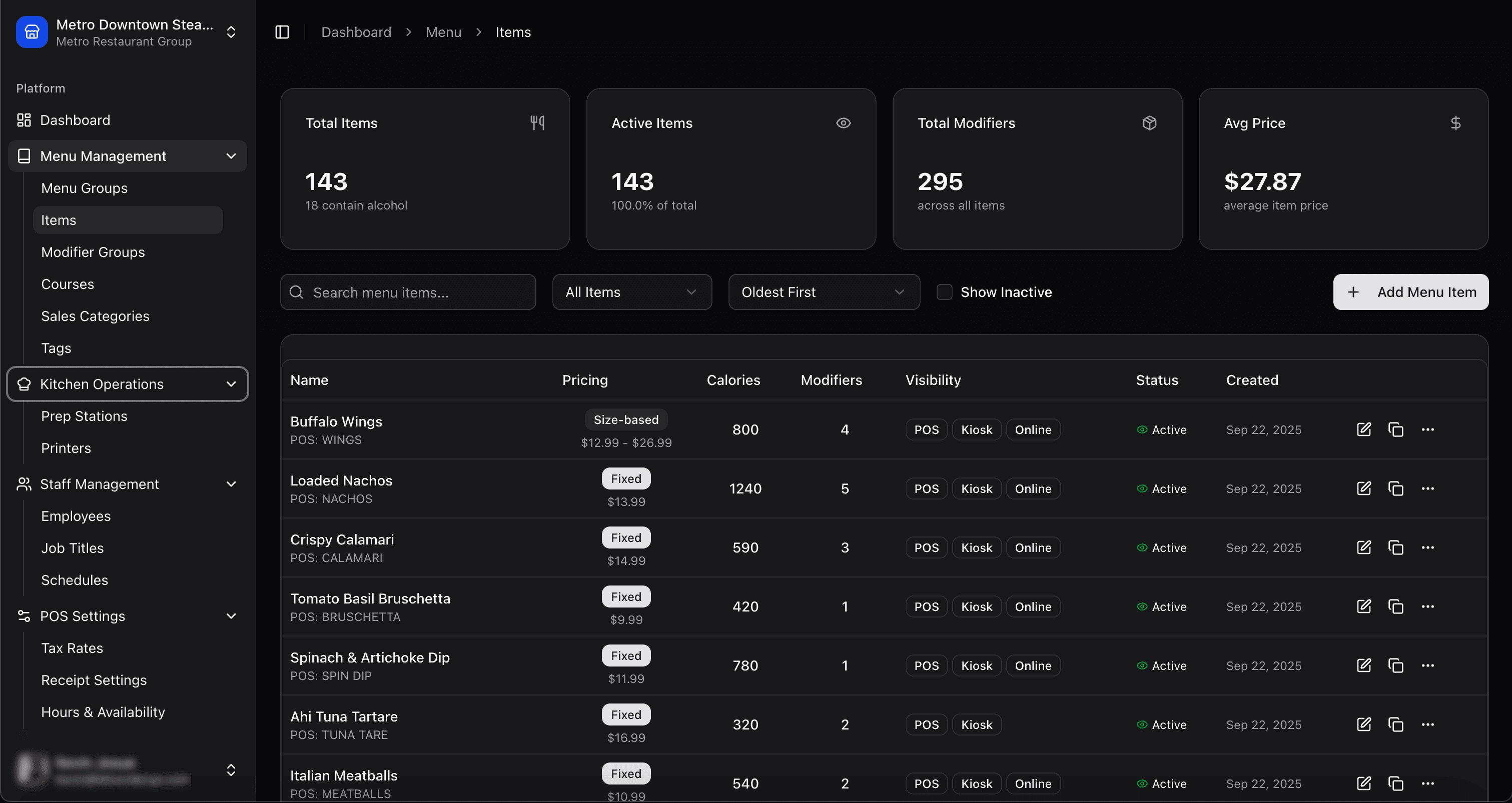 OrderUp restaurant management dashboard showing menu items, pricing, and analytics